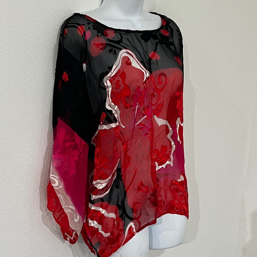 Chico's Vibrant Red and Black Sheer Blouse - Picture 2 of 5